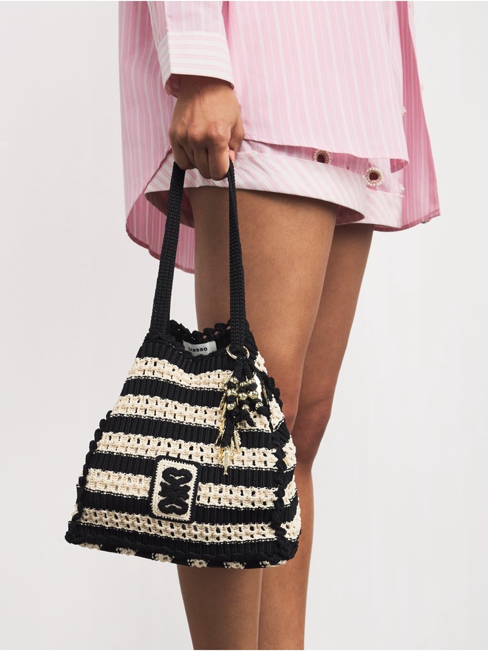 Sandro Black & Cream Striped Crochet Drawstring Tote